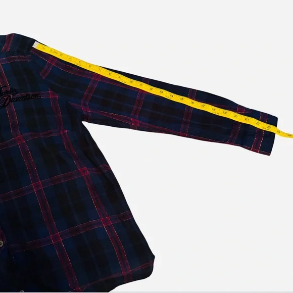 Harley-Davidson Lurex Plaid Flannel Shirt Blue/Red Roses Size Large EUC - Picture 13 of 15